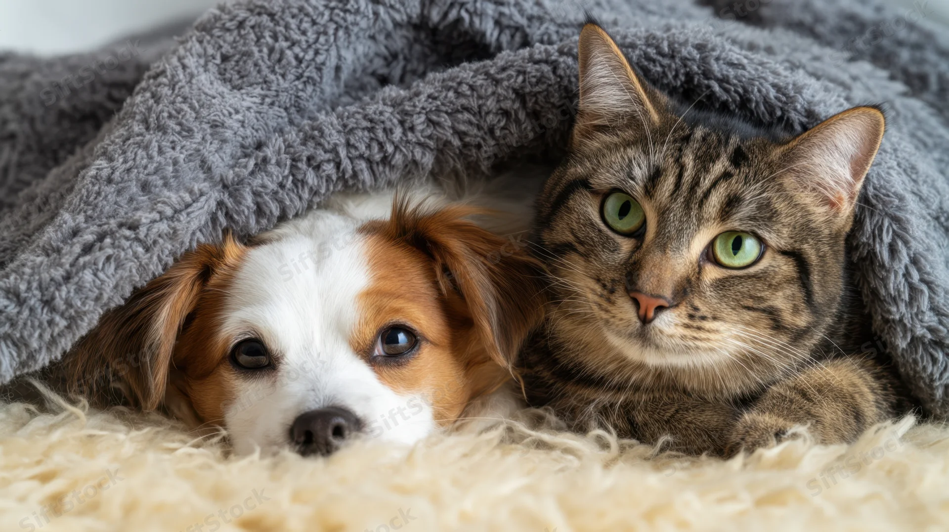 Cat and dog resting together under a gray blanket on a fluffy rug