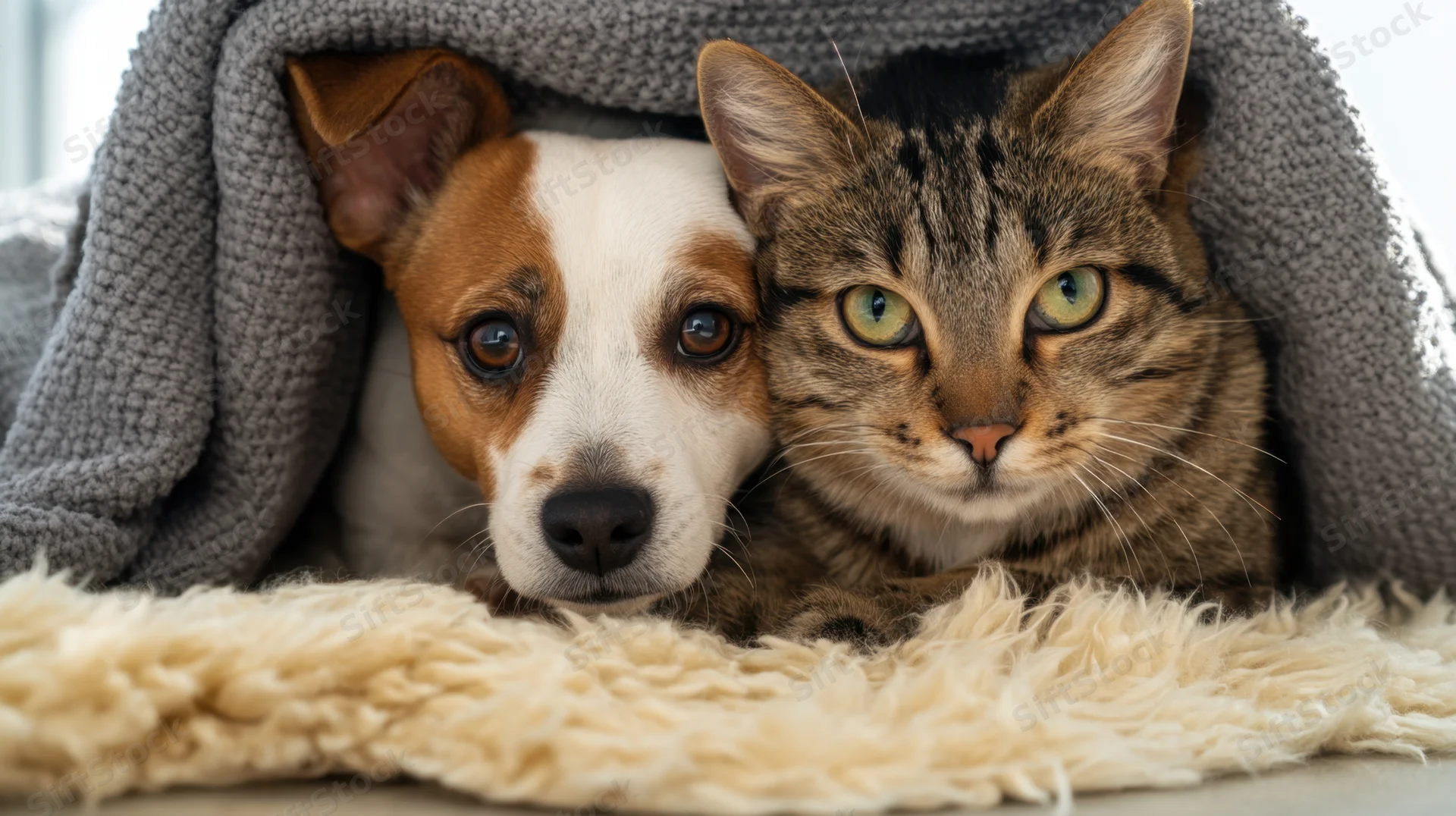 Dog and cat resting together under a gray blanket on a fluffy rug