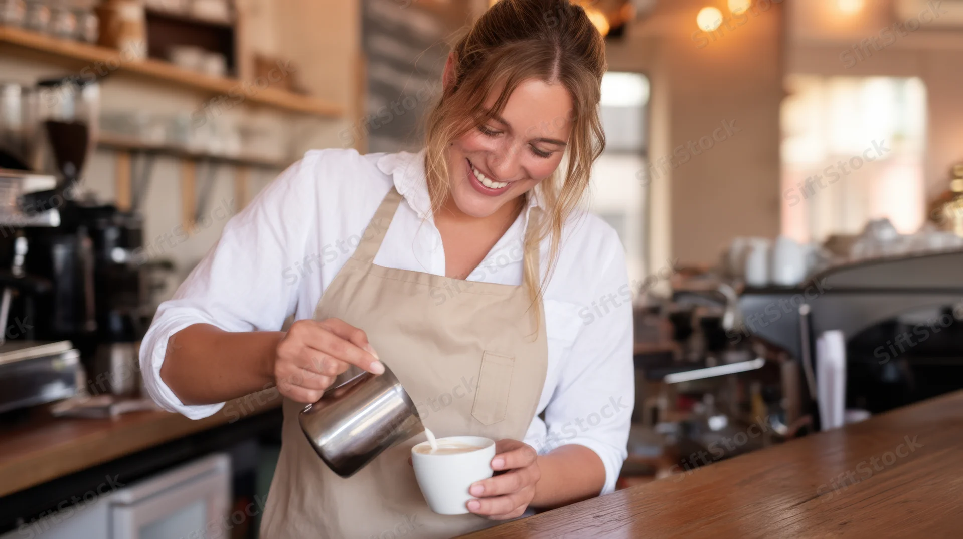 Smiling woman barista pouring milk into a latte cup at a cafe counter