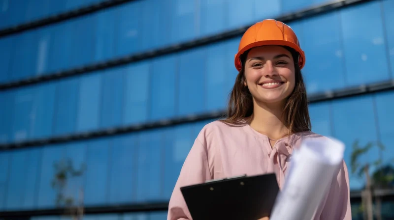 Smiling woman engineer in orange hardhat holding clipboard and blueprints outside modern glass building