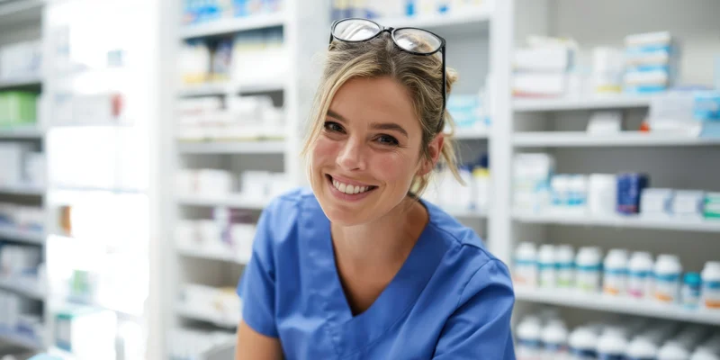 Smiling female pharmacist in blue scrubs standing in a pharmacy with shelves of medication behind her