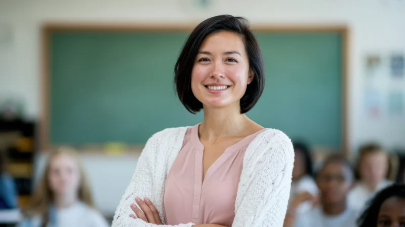 Smiling female teacher standing with arms crossed in a classroom with students and blackboard in background