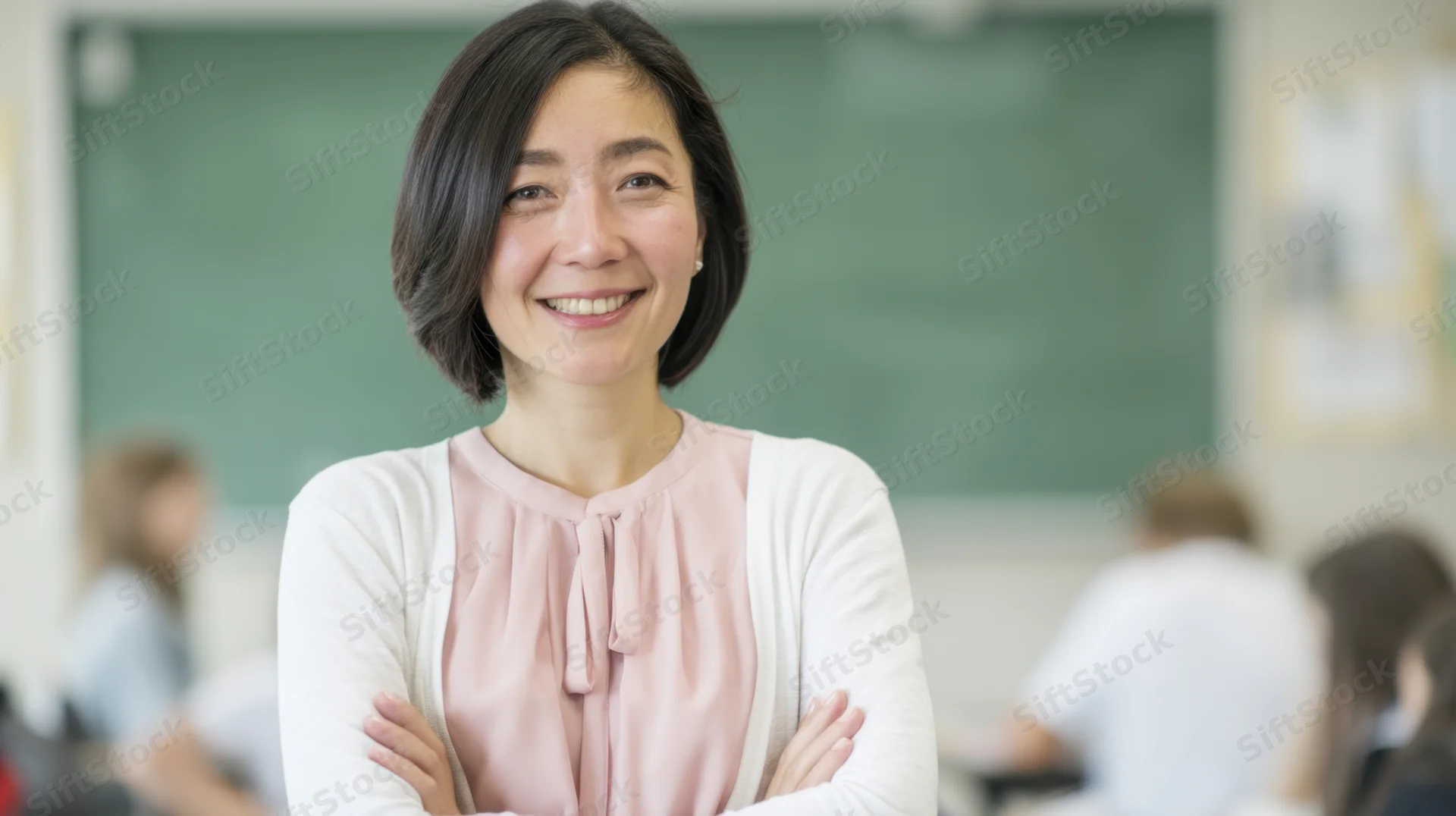 Smiling female teacher standing with arms crossed in a classroom