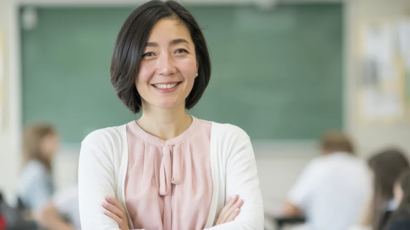 Smiling female teacher standing with arms crossed in a classroom