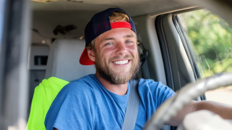 Smiling man driving a vehicle with hand on steering wheel, wearing blue tshirt and cap, inside car cabin