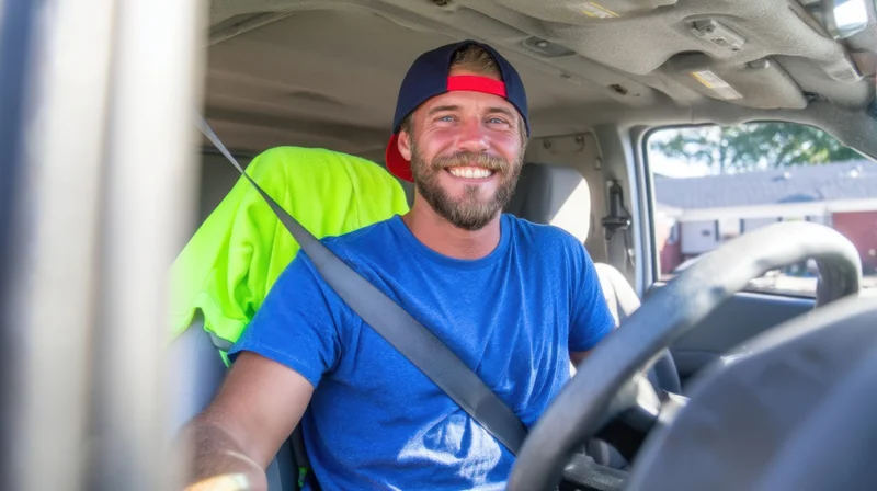 Smiling man in blue tshirt and cap driving a truck, wearing seatbelt, inside vehicle cabin