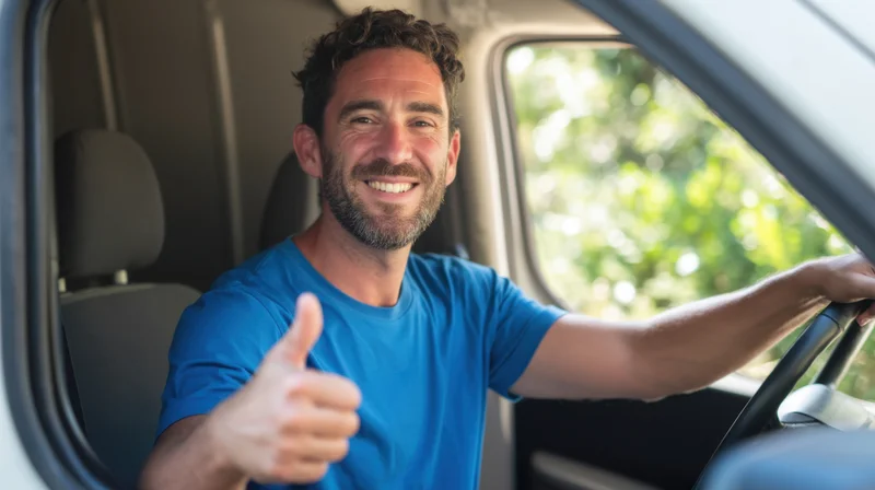 Smiling man giving thumbs up while driving a vehicle