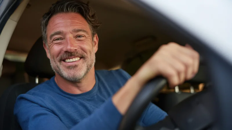 Smiling man driving a car, hand on steering wheel, inside vehicle interior