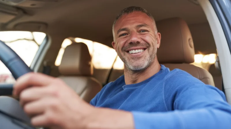 Smiling man driving a car, holding steering wheel, inside vehicle interior