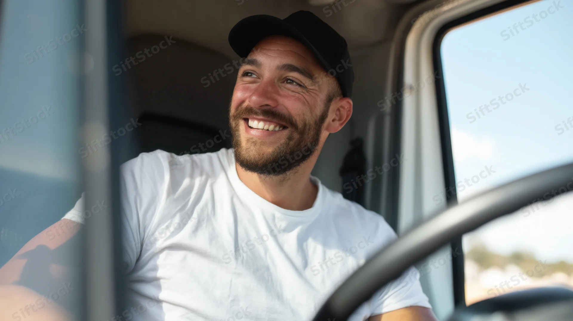 Smiling man in white tshirt and black cap driving a truck, viewed from inside cabin near steering wheel