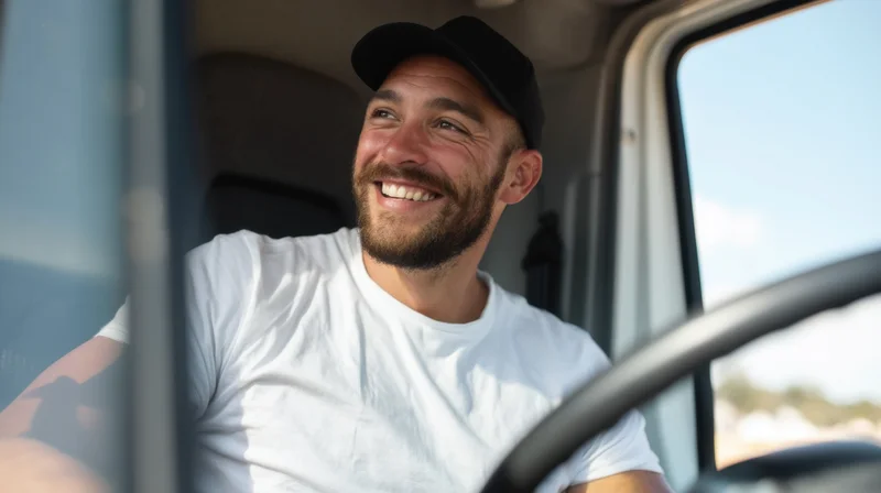 Smiling man in white tshirt and black cap driving a truck, viewed from inside cabin near steering wheel