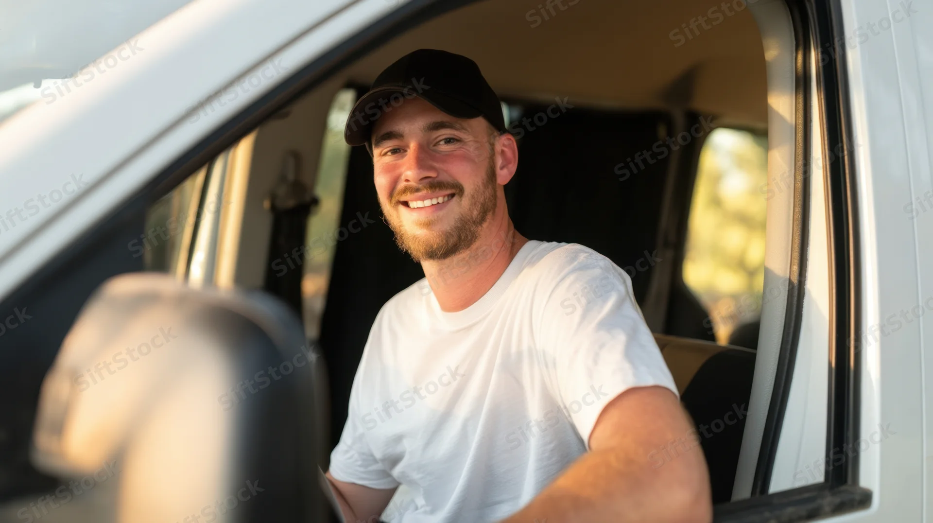 Smiling man in white tshirt and cap sitting in truck cab, looking out window