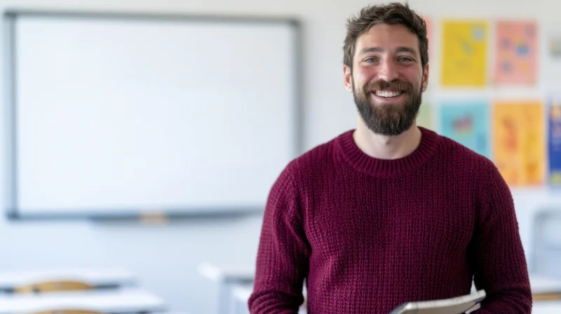 Smiling man in maroon sweater holding tablet in classroom