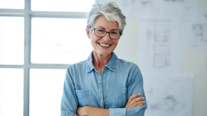 Smiling senior woman with arms crossed in an architect's office near a window with blueprints on the wall
