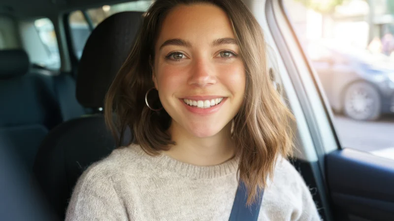 Smiling woman in car interior wearing seatbelt and sweater