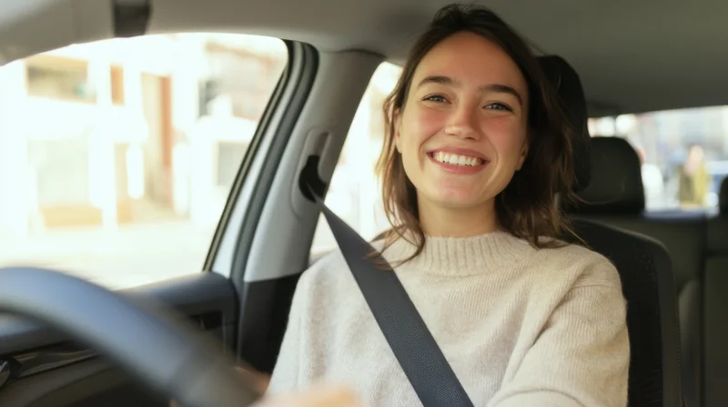 Smiling woman driving a car in urban setting during daytime