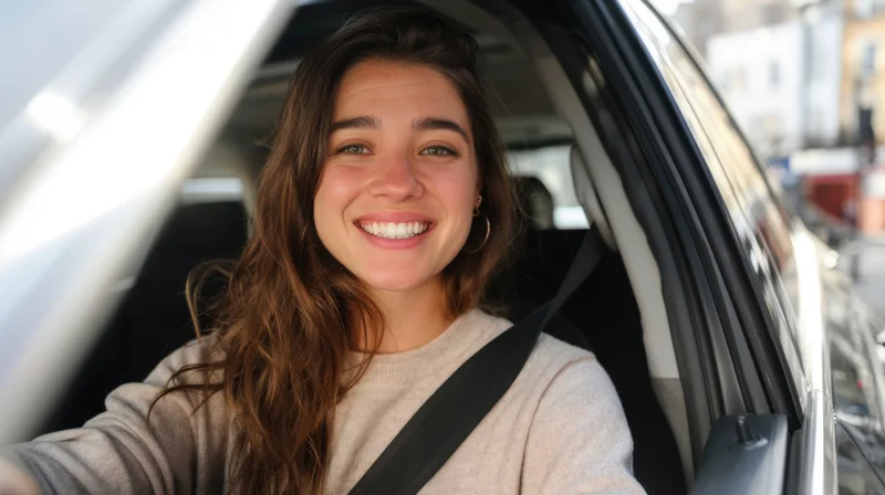 Smiling woman driving a car in an urban setting