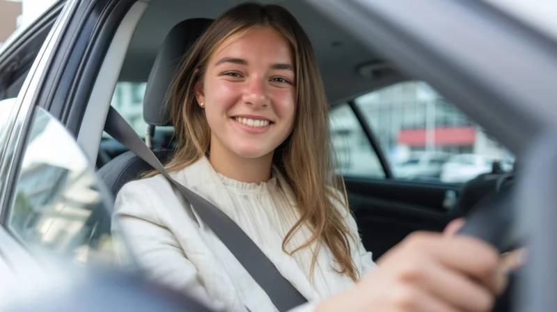 Smiling woman driving a car with seatbelt fastened, viewed from front passenger side
