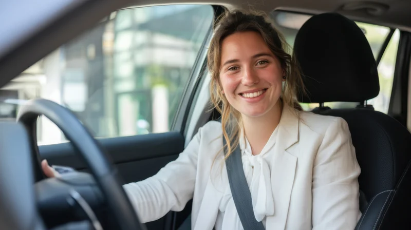 Smiling woman in white blazer driving a car in urban setting