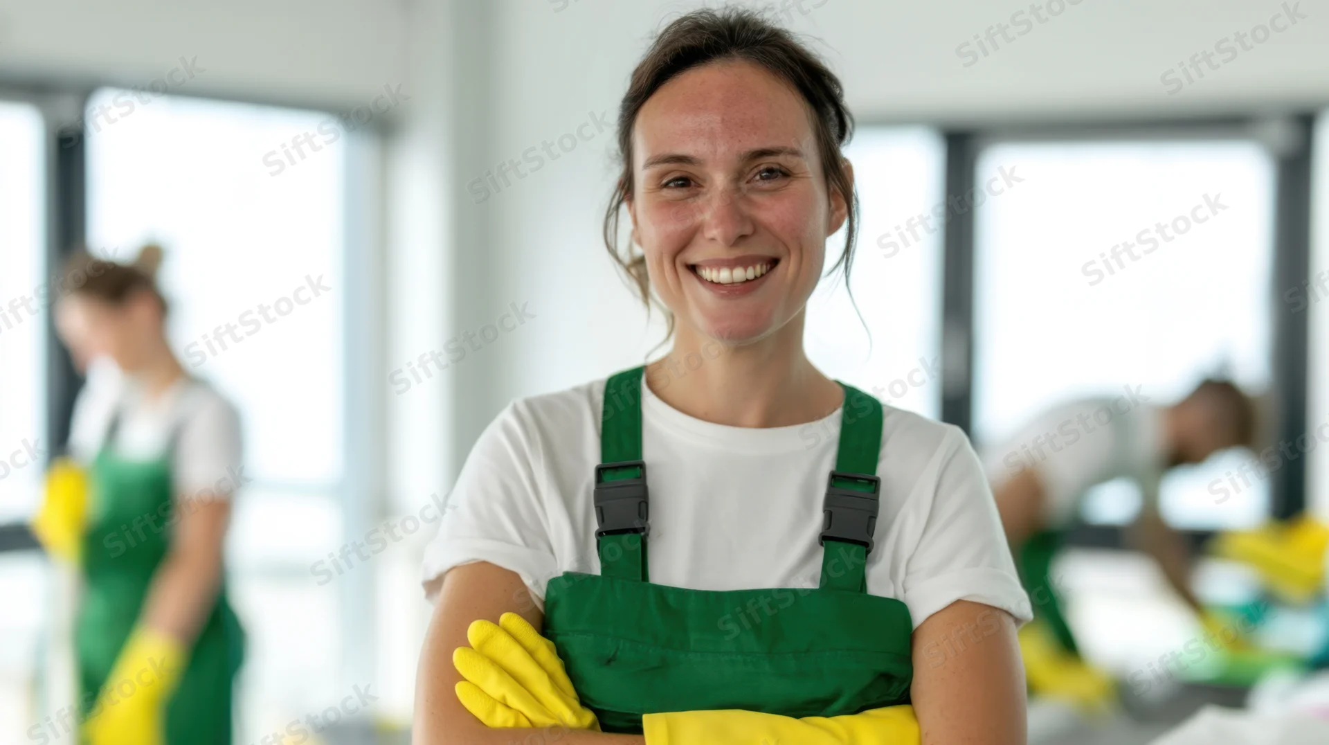 Smiling woman in green apron and yellow gloves standing in office with colleagues cleaning in background