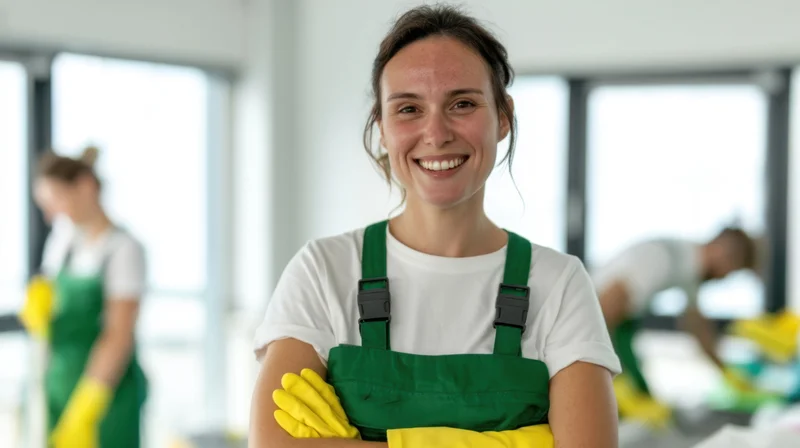 Smiling woman in green apron and yellow gloves standing in office with colleagues cleaning in background