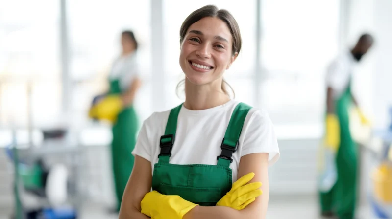 Smiling woman in green apron and yellow gloves with arms crossed in office cleaning environment