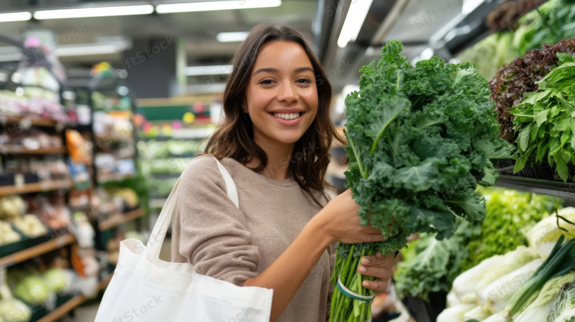 Woman holding a bunch of kale in a supermarket produce section