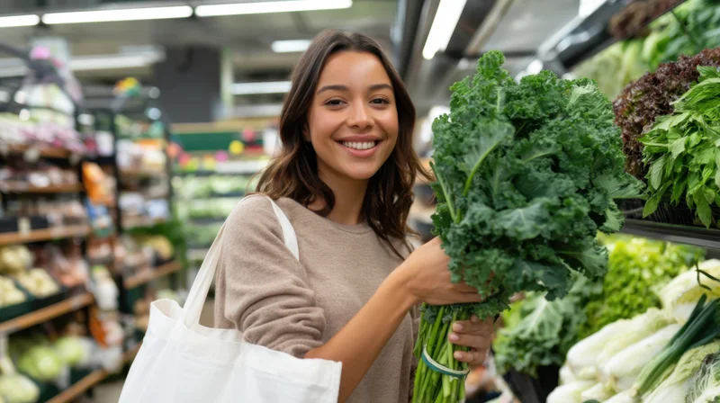 Woman holding a bunch of kale in a supermarket produce section