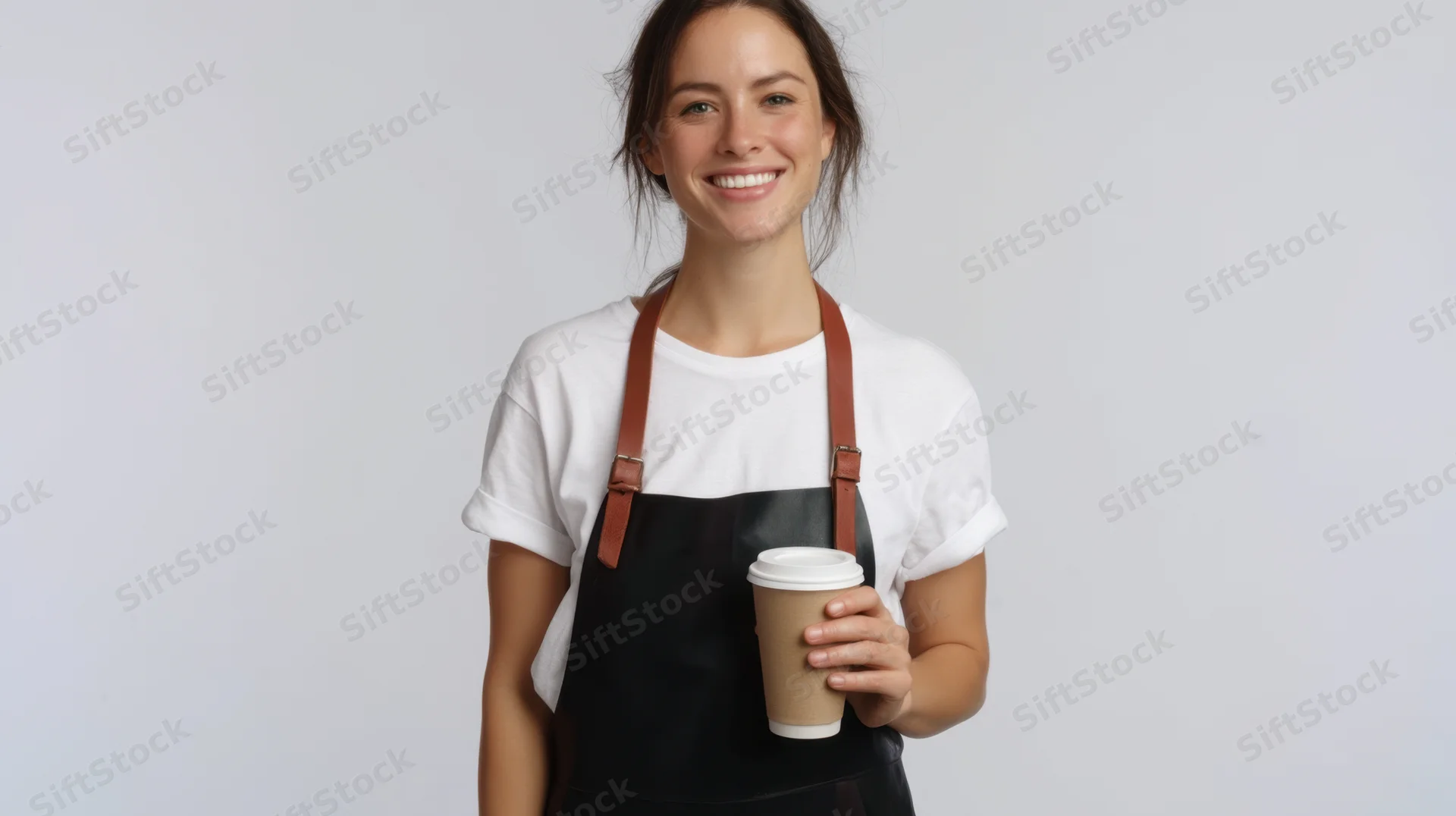 Smiling woman in apron holding coffee cup against plain background