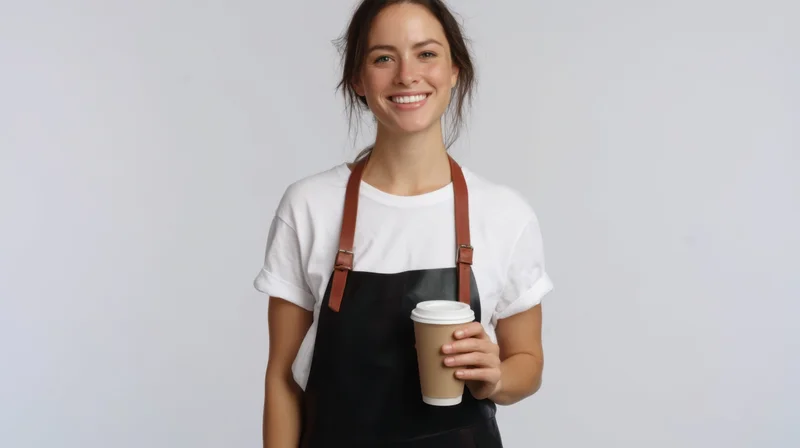 Smiling woman in apron holding coffee cup against plain background