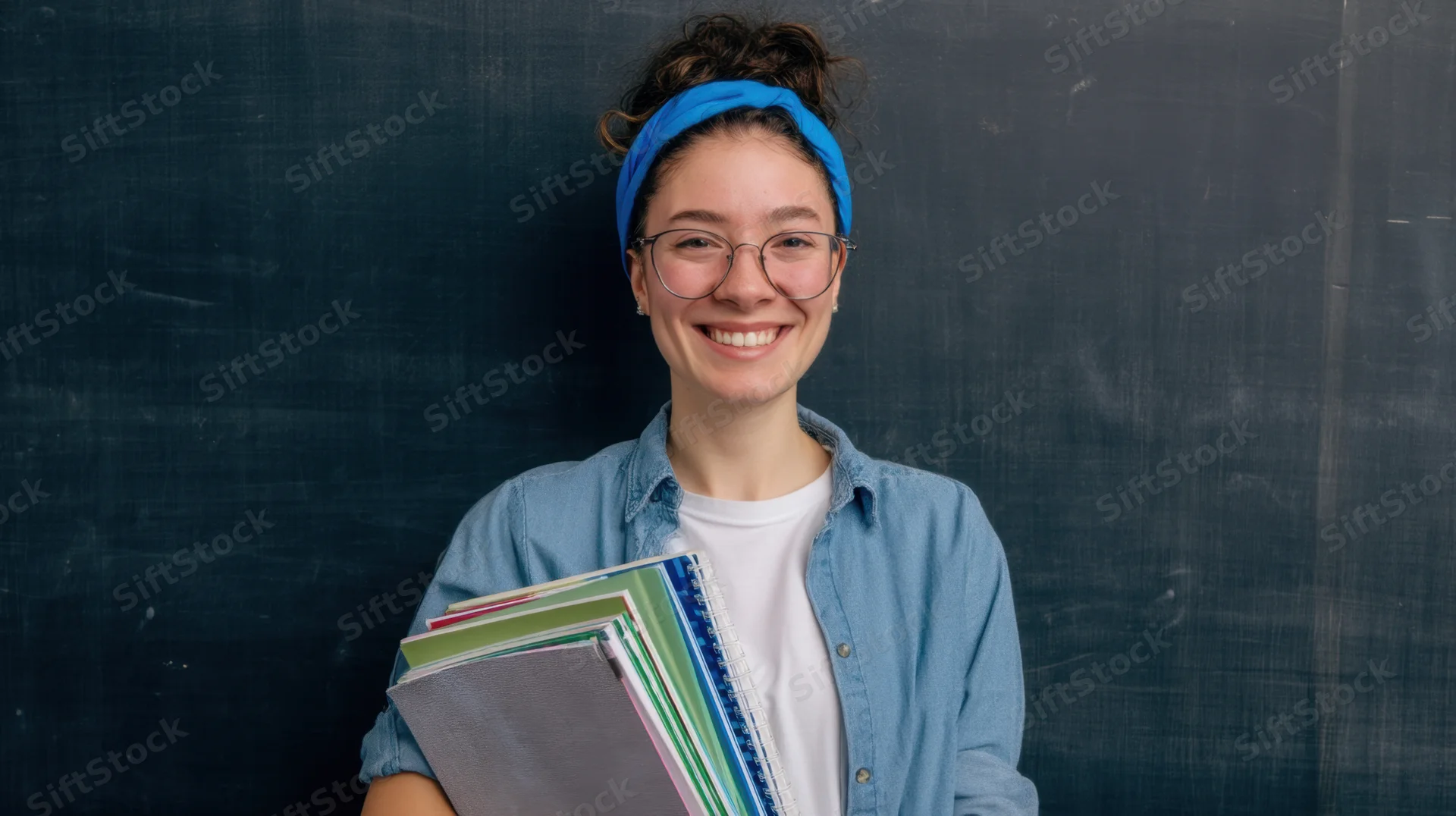 Smiling woman holding notebooks in front of blackboard