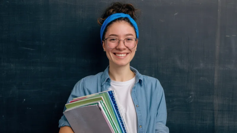 Smiling woman holding notebooks in front of blackboard