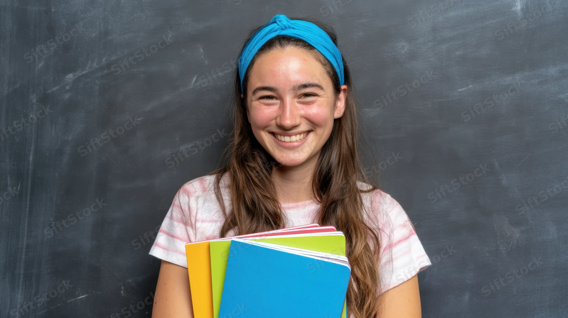 Young woman smiling while holding colorful notebooks in front of a blackboard