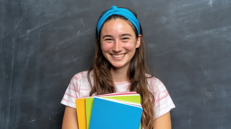 Young woman smiling while holding colorful notebooks in front of a blackboard