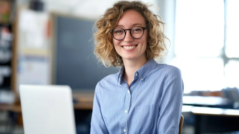 Smiling woman in blue striped shirt with glasses sitting at desk in office with laptop and natural light from window