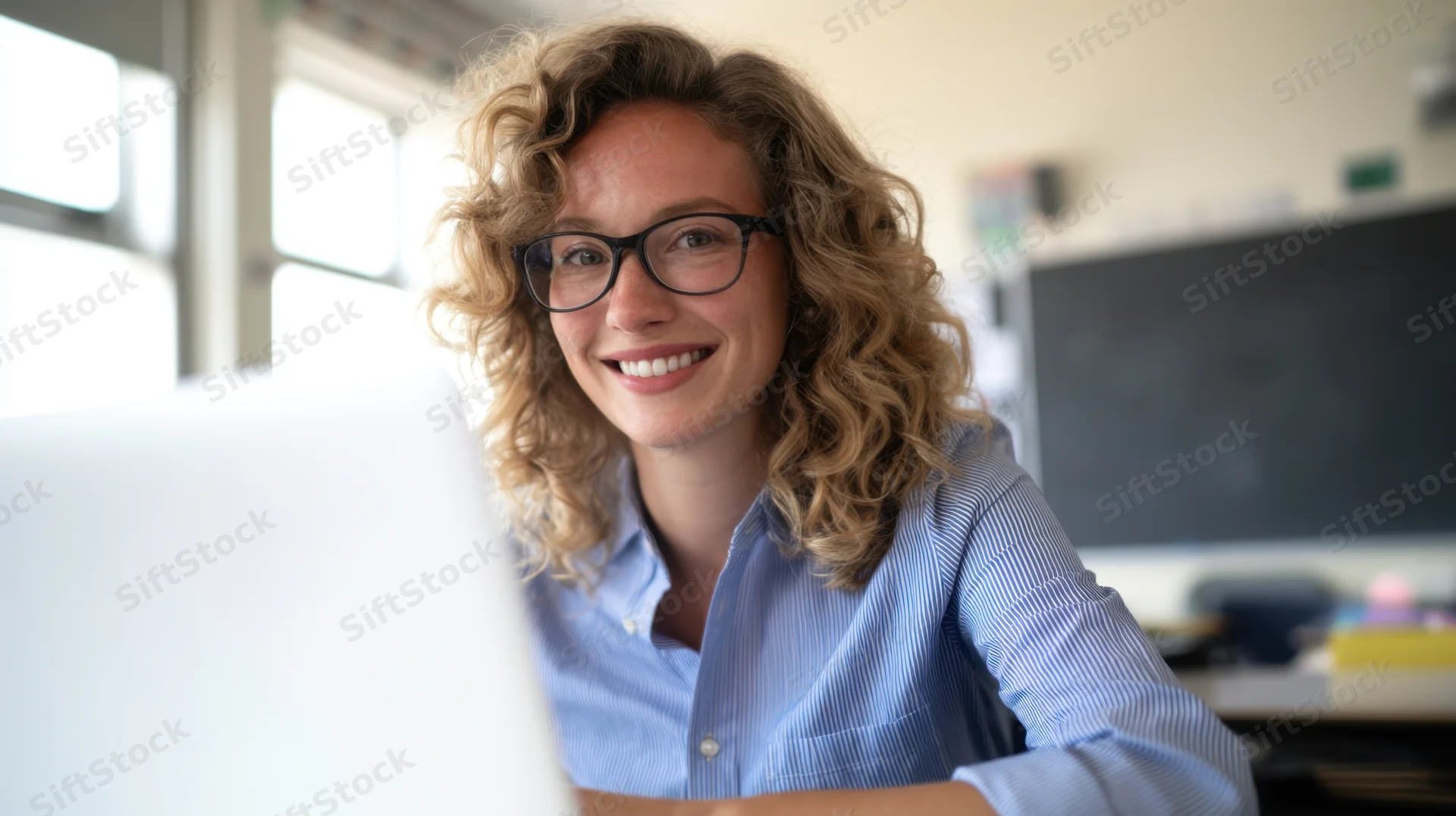 Smiling woman with curly hair and glasses using laptop in classroom