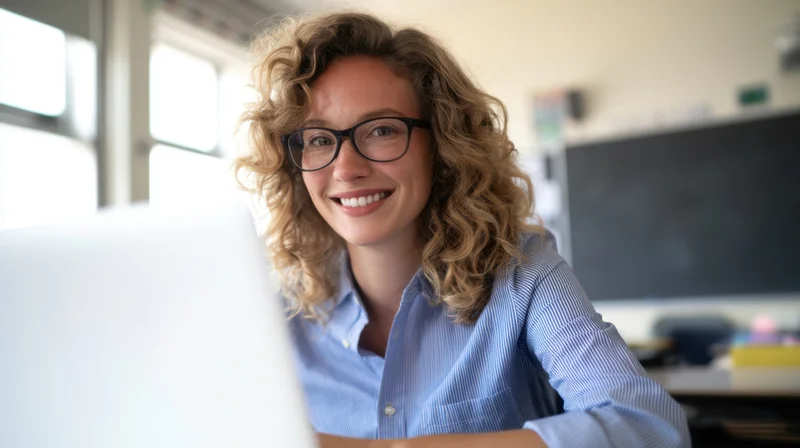 Smiling woman with curly hair and glasses using laptop in classroom