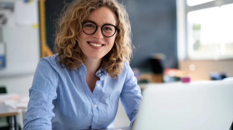 Smiling woman with curly hair and glasses sitting at desk in classroom with laptop, looking at camera