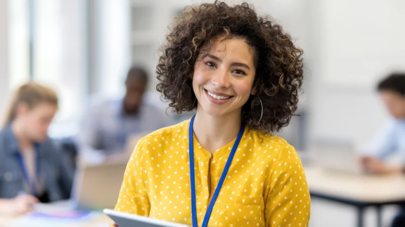 Smiling woman in yellow polka dot shirt holding tablet in office setting with colleagues working at desks in background