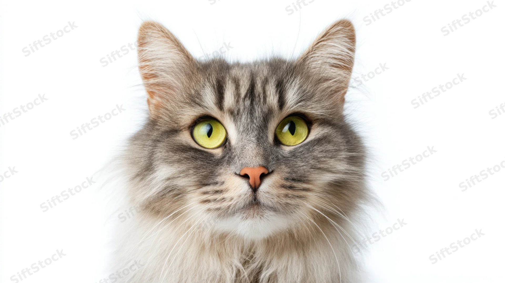 Closeup portrait of a soft grey tabby cat with green eyes against white background