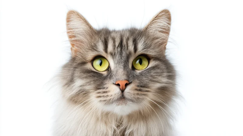 Closeup portrait of a soft grey tabby cat with green eyes against white background