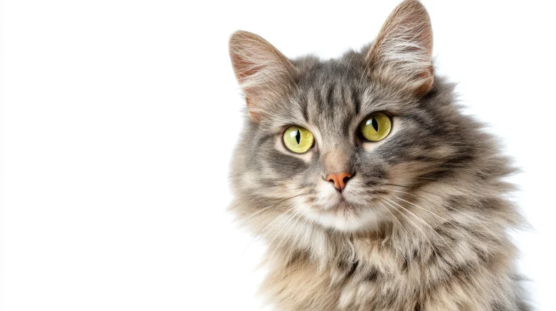 Closeup portrait of a fluffy grey tabby cat with green eyes on white background