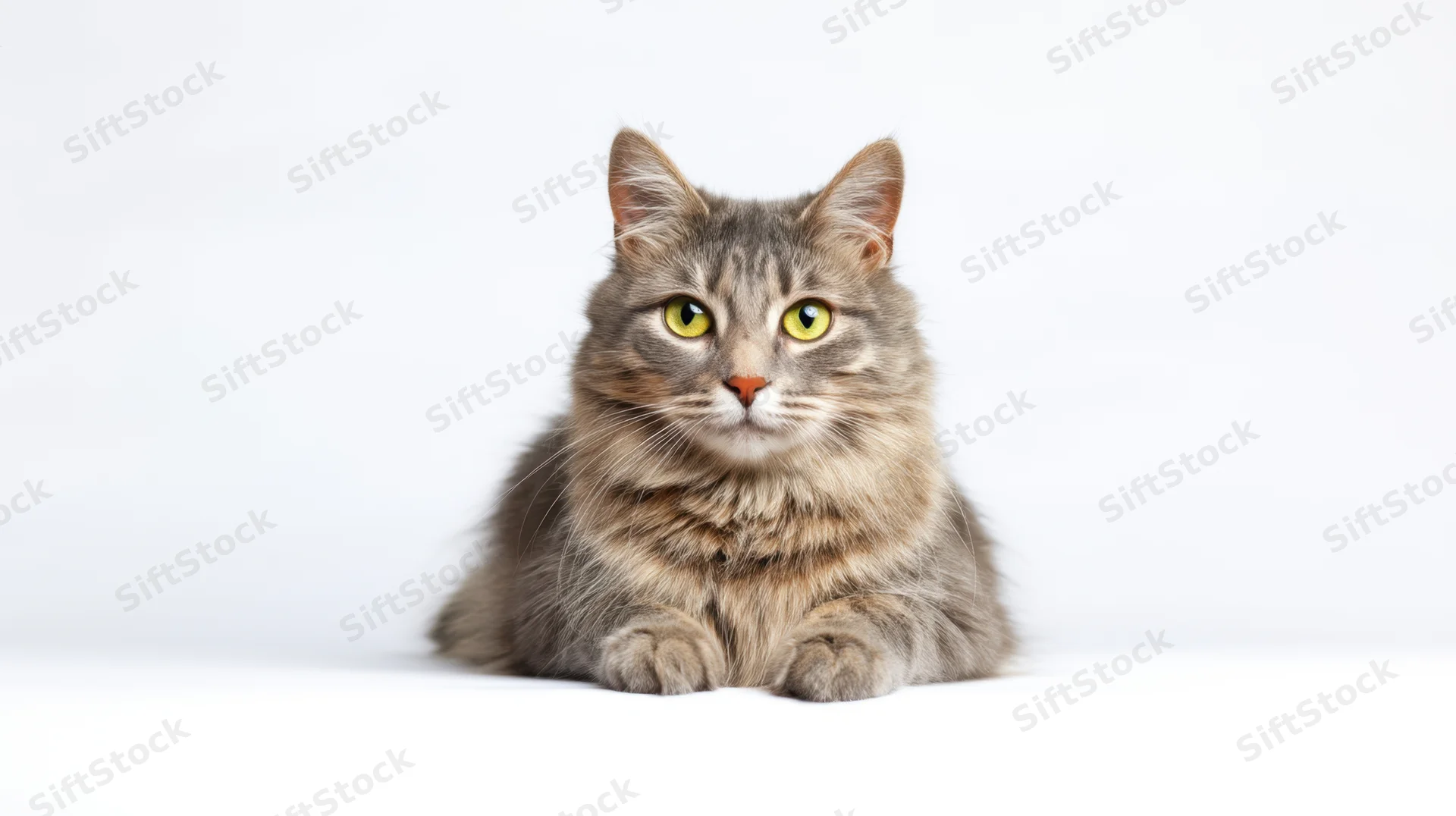 Grey tabby cat sitting in front of white background with yellow eyes looking at camera