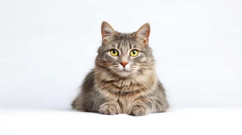 Grey tabby cat sitting in front of white background with yellow eyes looking at camera