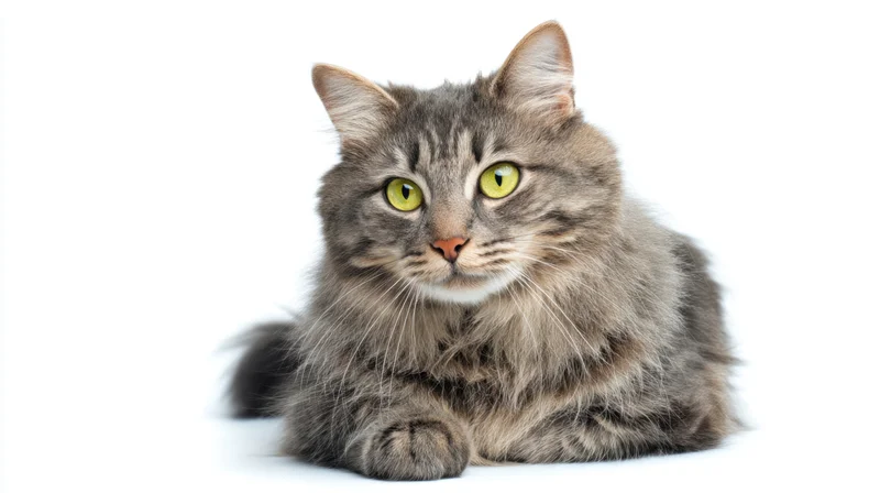Grey tabby cat lying down in studio with white background