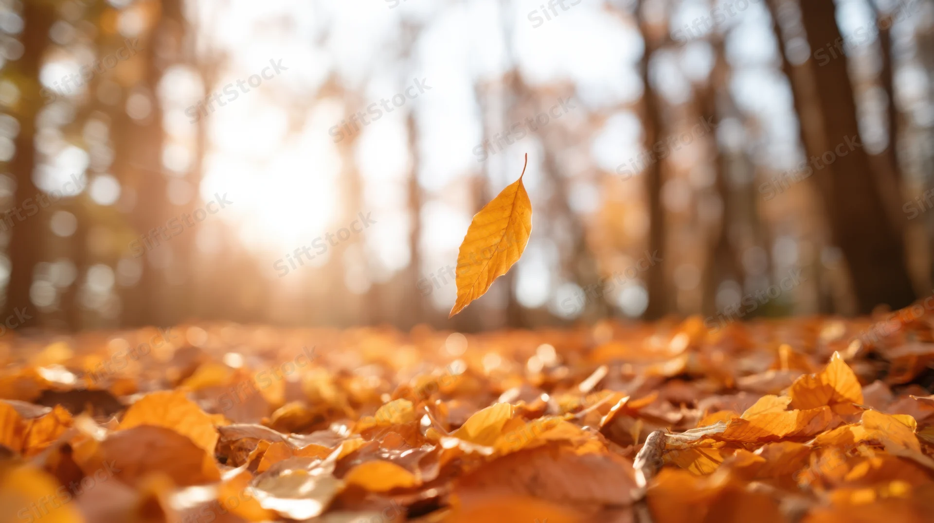 A single golden leaf falling through sunlit autumn forest with carpet of fallen leaves on ground