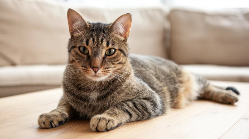 Tabby cat lying on wooden floor in front of beige sofa