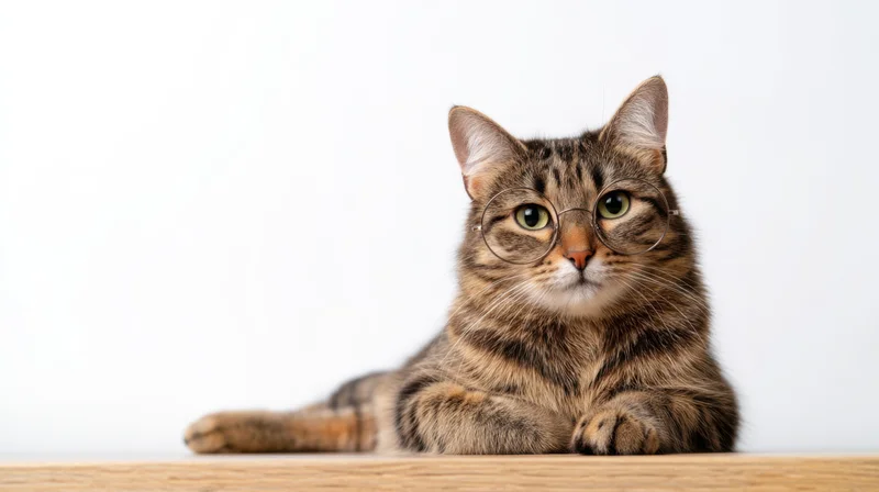 Tabby cat wearing round glasses lying on wooden table against white background