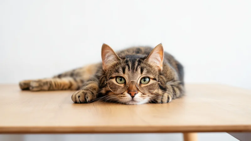 Tabby cat wearing round glasses lying on wooden table indoors