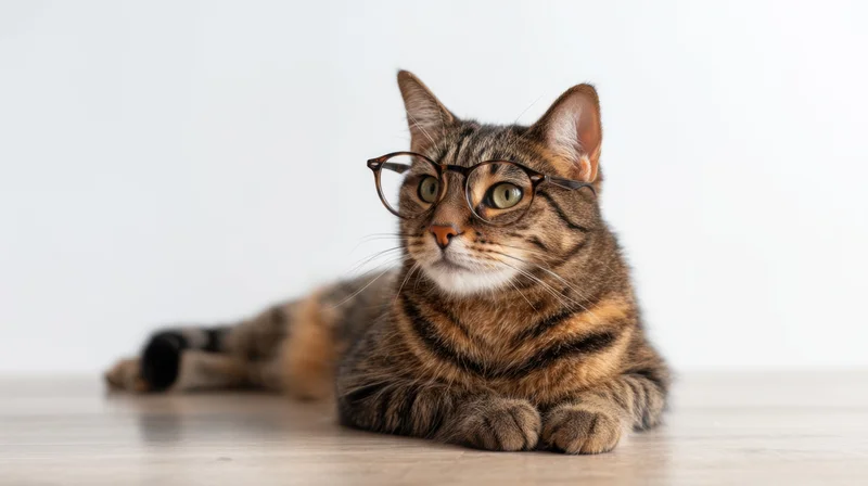 Tabby cat wearing round glasses lying on wooden floor in studio setting
